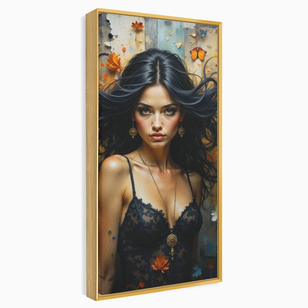 Tablou canvas cu tablou canvas cu portret de femeie par negru fluturi si frunze, in rama de aluminiu auriu